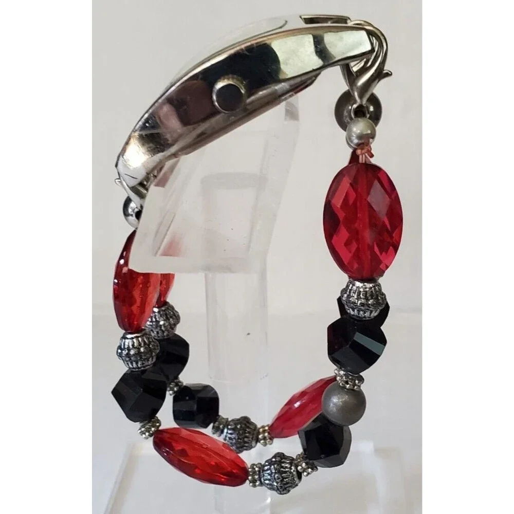 Geneva Womens Quartz Watch Double Beaded Link Bracelet Japan Movt Silver Tone
